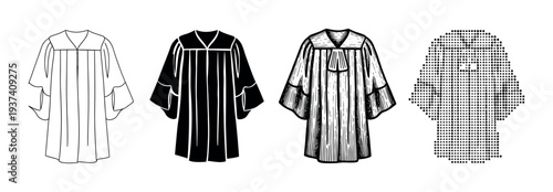 Set of black judicial robes in four different graphic styles including outline, silhouette, detailed engraving, and dotted halftone for legal or academic concepts