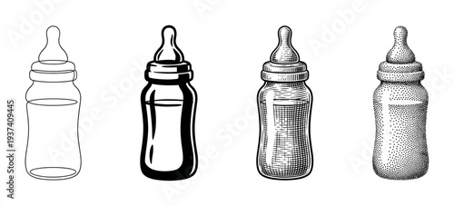 Set of four baby bottle illustrations showcasing different artistic techniques like line art, bold graphic silhouette, vintage engraving, and detailed stippling dotwork