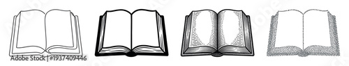 Set of four open book illustrations in various graphic styles, including simple line art, bold icon, vintage engraving, and modern stippling for educational concepts