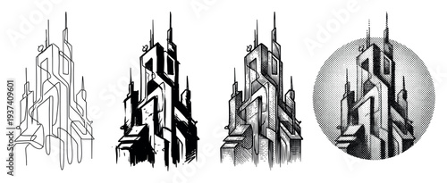 Four black and white futuristic building illustrations showing a creative process from simple line art and rough sketch to detailed engraving and halftone dot pattern styles
