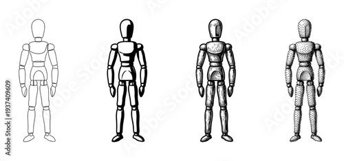Set of four wooden artist mannequins showcasing a progression of different illustration styles from simple line art to detailed engraving and stippling