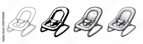 Four distinct black and white baby bouncer chair illustrations showcasing various artistic styles including clean line art, bold outlines, detailed engraving, and intricate stippling