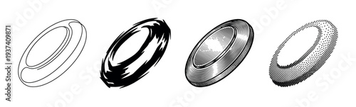 Four black abstract ring shapes in different graphic styles including outline, brush stroke, engraving, and halftone dot pattern, presented as a design element collection