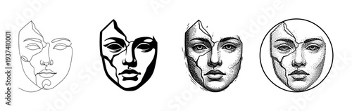 Set of four cracked face illustrations in different artistic styles from minimalist line art to detailed engraving, symbolizing psychology and imperfection