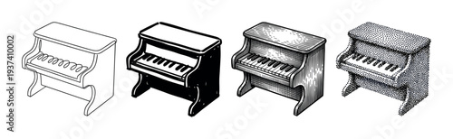 Set of four upright piano illustrations showcasing different artistic techniques like continuous line drawing, solid ink, detailed engraving, and stippling