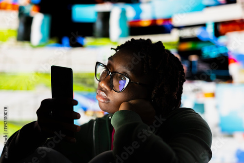 Photography Apathetic woman addicted to social media, unable to stop using smartphone, wasting her life