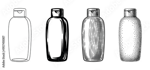 Four distinct artistic illustrations of a generic plastic bottle with a flip-top cap, showcasing various rendering styles including outline, solid fill, engraving, and stipple art