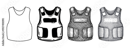 Bulletproof vest illustration set showing four different graphic styles including simple line art, bold black ink, classic woodcut hatching, and detailed stipple shading