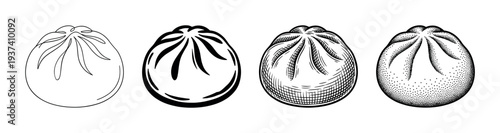 Four black and white baozi dumpling illustrations showing various graphic techniques like a simple outline, bold icon, vintage hatching sketch, and stippling dotwork
