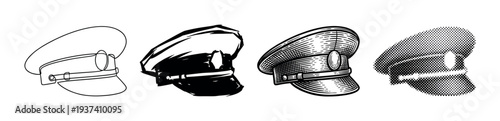 Collection of four uniform service caps illustrated in various black and white techniques like clean line art, bold silhouette, classic woodcut hatching, and pop art halftone dots
