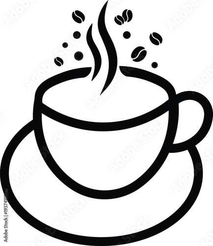 Coffee Cup Illustration: A minimalist line drawing depicts a steaming cup of coffee, with coffee beans suspended above it, conveying warmth and the aromatic promise of a delicious brew.