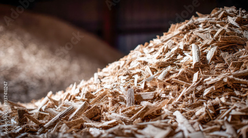 A pile of wood chips and biofuel, a clean renewable energy source, in an industrial warehouse