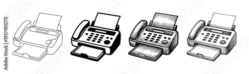 Four vintage fax machine vector illustrations in different graphic styles including line art, silhouette, engraving, and stippling for a retro office communication concept
