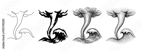Set of four waterspout illustrations showcasing different artistic techniques including minimalist line art, bold brush stroke, vintage engraving, and dotwork stippling