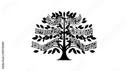 A black silhouette of a tree with musical notes and leaves integrated into the branches, on white background