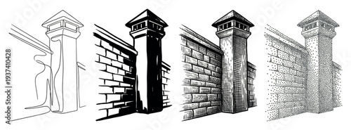 Set of four prison watchtower illustrations showing different artistic styles from continuous line art and silhouette to detailed hatching and stippling for a graphic concept