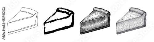 Four cheesecake slices in different artistic styles showing line art, brush stroke, engraving, and stippling techniques in a black and white hand-drawn illustration collection