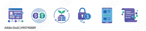 Set of six colorful flat icons representing financial technology concepts like blockchain, smart contracts, digital currency, secure payments, and investment growth