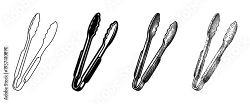 Four styles of kitchen tong illustrations featuring a minimalist line art outline, a solid black silhouette, a classic woodcut engraving, and a stippled dotwork design