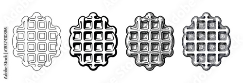 Set of four Belgian waffle illustrations showing different graphic styles from simple line art and silhouette to detailed engraving and stippling techniques for a vintage look