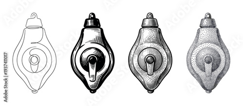 Four vintage light switches in different artistic styles including continuous line art, hatching, engraving, and stippling presented as a collection of black and white illustrations