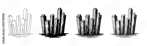 Four black and white crystal cluster illustrations demonstrating various drawing styles including continuous line, bold shadow, hatching, and pointillism in a vintage sketch aesthetic