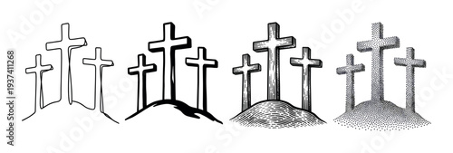 Four sets of three Christian crosses on a hill shown in different artistic styles, including one-line art, silhouette, engraving, and stippling for religious concepts