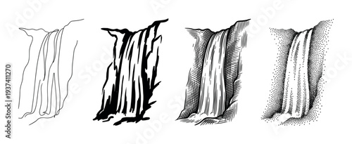 Set of four waterfall illustrations showcasing different artistic techniques, including minimalist line art, silhouette, vintage engraving, and stippling dotwork
