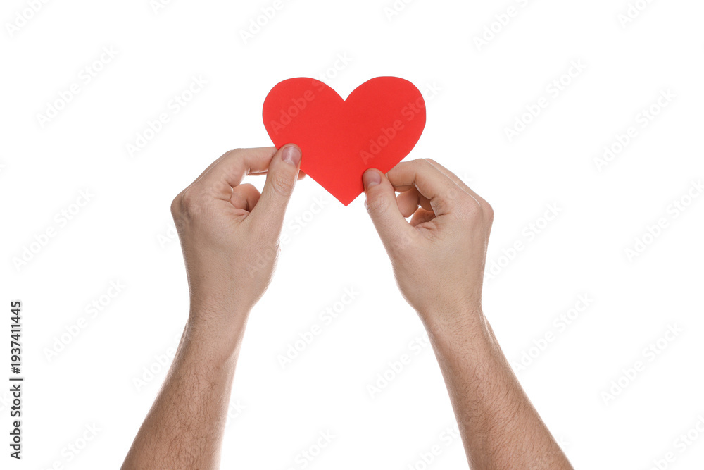 Fototapeta premium Man with decorative heart on white background, closeup