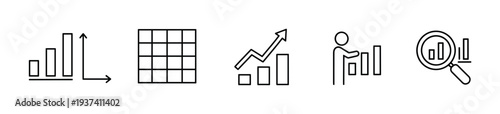 Set of five black line icons representing business analytics, data visualization, growth charts, financial reports, and market research in a clean minimalist style