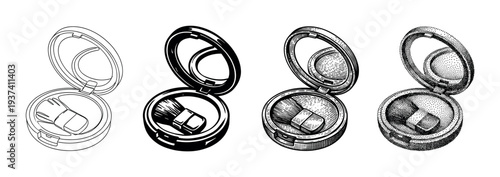 Four open makeup powder compacts with a mirror and brush illustrated in a variety of black and white styles from simple line art to detailed stippling