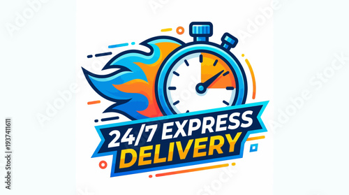 Fast 24/7 Express Delivery Icon with Flames and Stopwatch Indicating Quick Service