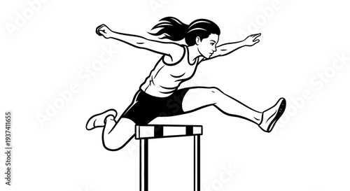 Illustration of a determined female athlete clearing a hurdle during a competitive race, showcasing athletic prowess and speed