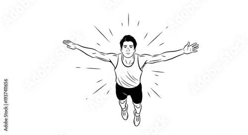 Man with arms outstretched in a dynamic pose, radiating energy and excitement, illustration
