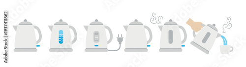 Instructional illustration set showing the steps for using an electric kettle, from filling with water and plugging it in to boiling and pouring the hot steaming liquid into a cup