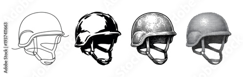 Four military combat helmet illustrations in different artistic styles including line art, engraving, halftone, and high contrast black and white drawing for a graphic design set