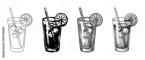 Set of four cocktail illustrations in different artistic styles including line art, silhouette, engraving, and stippling, showing a refreshing drink with ice and a lemon slice
