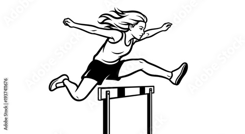 Young Female Athlete Leaping Over Hurdle in Track and Field Competition