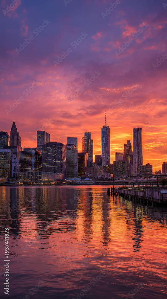 Fototapeta premium NYC skyline during golden hour with vibrant sunset clouds over the water