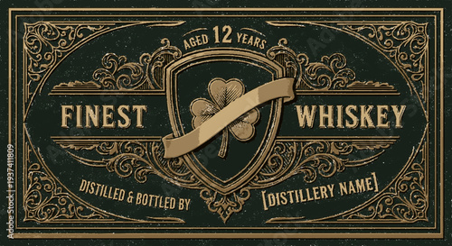 Elegant vintage whiskey label design showcasing aged 12 years with ornate gold details and distillery name