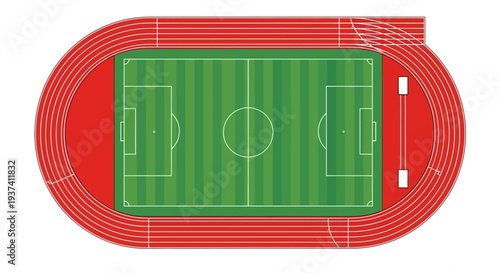 Aerial view of a soccer field with a running track, ideal for sports and athletic event graphics