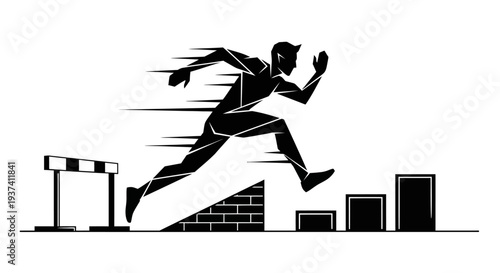 Illustration of a runner leaping over hurdles and ascending stairs, symbolizing progress and athletic achievement