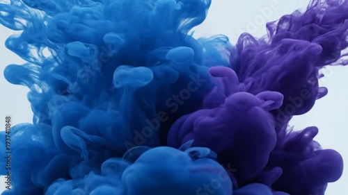 Abstract photo showing two plumes of blue and purple ink swirling and mingling in water against a pale gray background