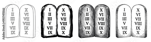Four pairs of stone tablets representing the Ten Commandments, illustrated in a variety of black and white graphic styles including outline, bold ink, hatching, and stippling