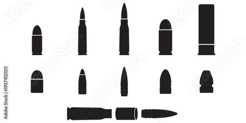 Ammunition Silhouette Collection on White Background.