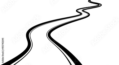A winding black and white road stretching into the distance on a plain background