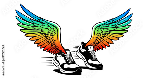 Dynamic graphic illustration of winged running shoes with vibrant rainbow-colored wings, symbolizing speed and freedom in athletics