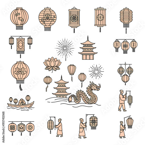 Traditional Chinese Lanterns and Cultural Icons.