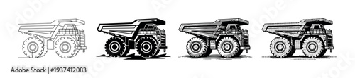 Set of four heavy mining dump trucks illustrated in different graphic styles, including line art, silhouette, engraving, and halftone, showing a progression of artistic techniques