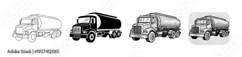 Collection of four semi tanker truck illustrations in various black and white graphic styles including simple outline, solid silhouette, detailed woodcut, and retro halftone